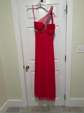 Cache Red One-Shoulder Evening Gown with Beaded Accent